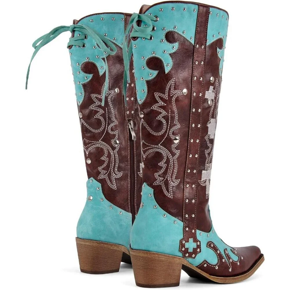 Women's Brown Embroidered Knee High Studded Two-Tone Pathwork Cowboy Boots